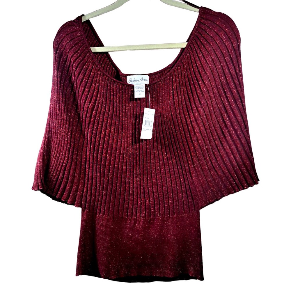 Fashion Avenue Sweater Red Burgundy Metallic. Size Medium 3/4 Angel Sleeve NWT